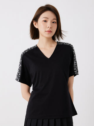 Black cotton V-neck tee with sequin shoulder trim, short sleeves