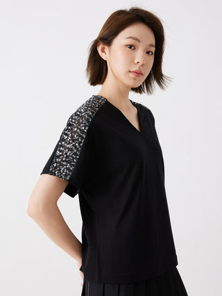 Black cotton V-neck top with sequin-trimmed shoulder panels, short sleeves
