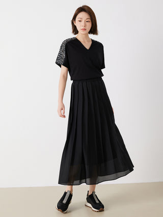 Black cotton V-neck top with sequin-trimmed shoulders, short sleeves