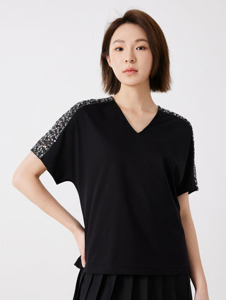 Black cotton V-neck top with sequin-trimmed shoulders and short sleeves