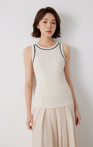 Beige cotton stretch tank top, front view with black piping around neckline