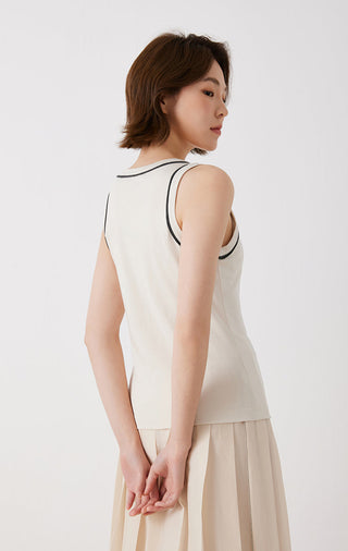 Beige cotton stretch tank top, back and side view with black-trim neckline piping