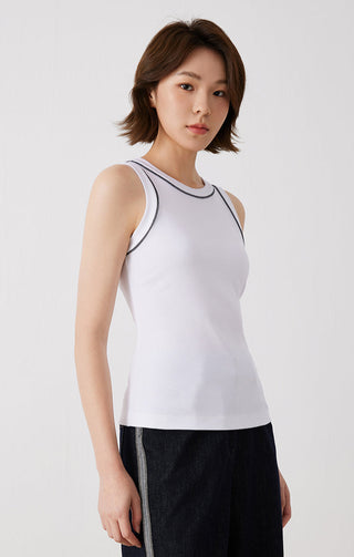 White cotton stretch tank top, sleeveless fit with black-trim collar and armholes