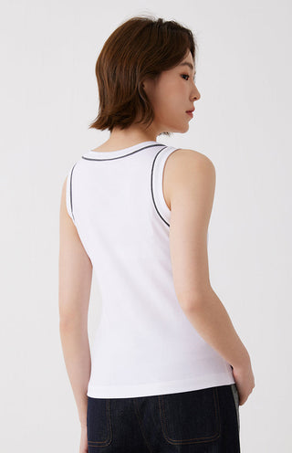 White cotton stretch tank top on model, side view with black piping at neckline