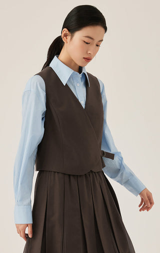 Dark brown wool-blend wrap vest front silhouette with waist tie belt