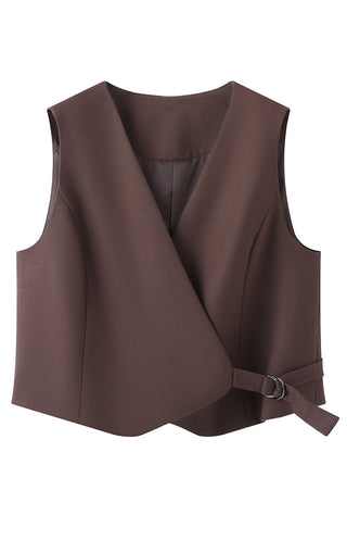 Dark brown wrap vest laid flat: V-neck, draped panels, waist tie belt