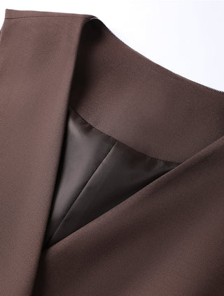 Dark brown vest interior seam and lining visible through V-neck wrap opening