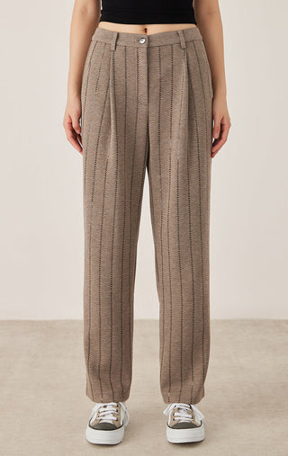 Dark camel sequin-embroidered stripe straight pants, button-front waist, pleated front