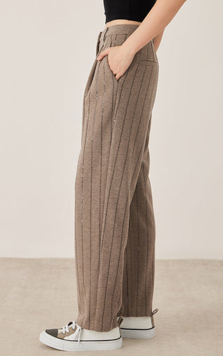 Dark camel straight pants with vertical stitched stripe pattern, side view, button waist