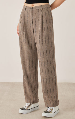 Dark camel straight pants, front view: button fly, belt loops, vertical sequin stripe