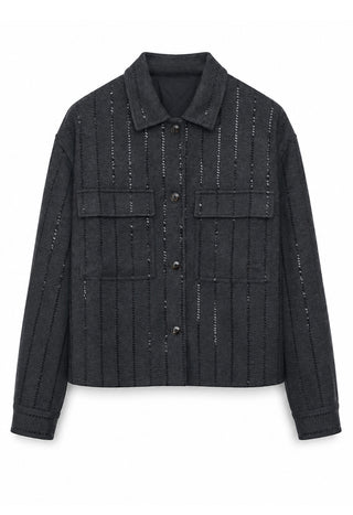 Dark grey knit shirt jacket with sequin vertical stripe, button-front and flap pockets