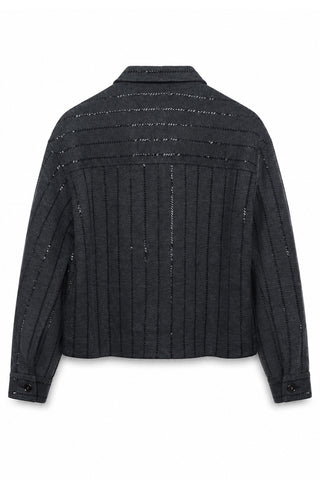 Dark grey knit shirt jacket with sequin striped texture, stand collar, button cuffs