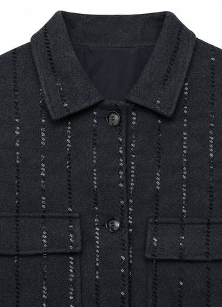 Dark grey knit shirt jacket with sequin stripe, two-button placket and flap pockets