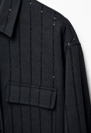 Dark grey knit jacket with flap chest pocket and sequin pinstripe detailing