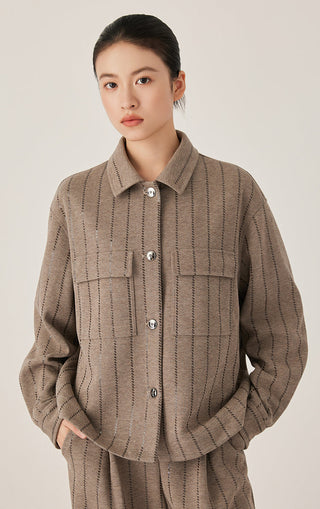 Dark camel sequin stripe knit shirt jacket, button front, chest pockets