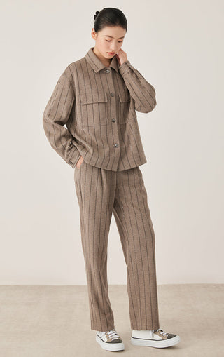 Dark camel sequin stripe knit shirt jacket with matching striped knit pants