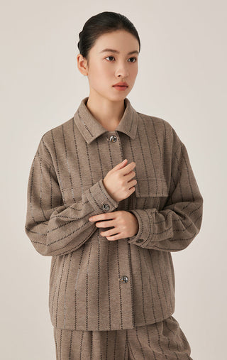 Dark camel sequin stripe knit shirt jacket, stand collar, four-button placket