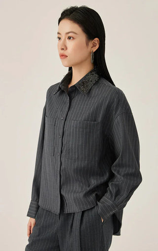 Gray pinstripe wool shirt with button placket and beaded, textured collar