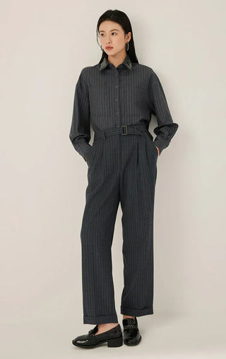 Gray pinstripe shirt with beaded collar, button front, and tied waist belt