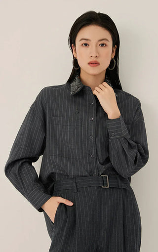 Gray pinstripe wool shirt with beaded collar, button front, and cuffed sleeves