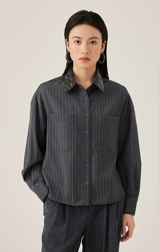 Embellished Collar 100% Wool Pinstripe Shirt