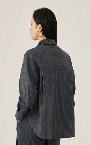 Gray pinstripe wool shirt back view with button-down yoke and beaded collar