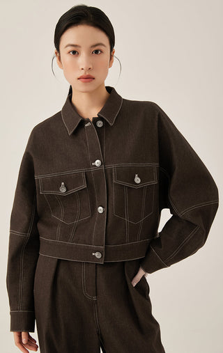 Denim Contrast Stitch Cropped Jacket