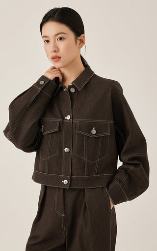 Denim Contrast Stitch Cropped Jacket