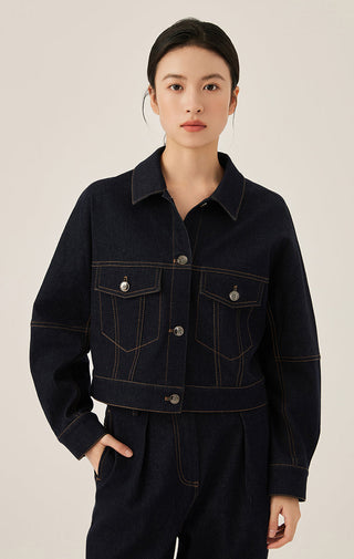 Denim Contrast Stitch Cropped Jacket