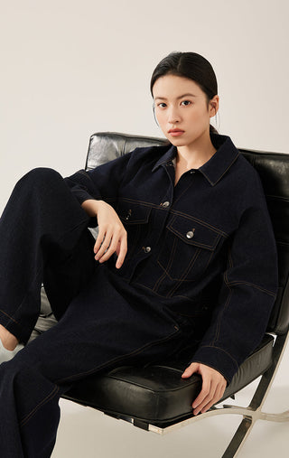 Denim Contrast Stitch Cropped Jacket