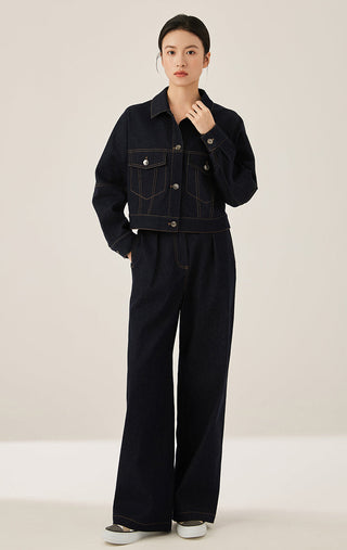 Denim Contrast Stitch Cropped Jacket