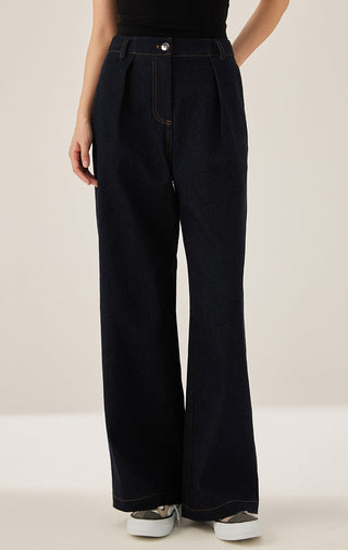Cotton-blend wide-leg trousers in black/dark wash with button-zip closure.