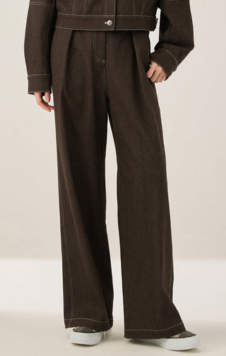 Cotton-blend wide-leg trousers in brown with stitched seam detailing and button closure
