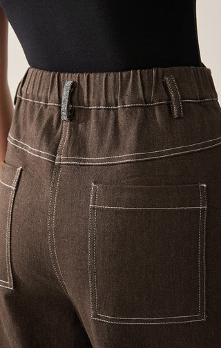 Close-up of brown wide-leg trousers: belt loops, button tab, and front flap pockets