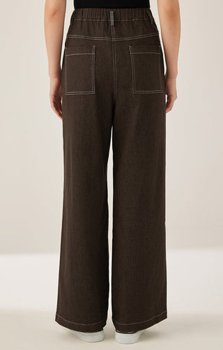 Brown cotton-blend wide-leg trousers with elastic waistband and flap pockets