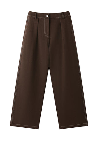 Brown cotton-blend wide-leg trousers, front view with elastic waistband and side pockets