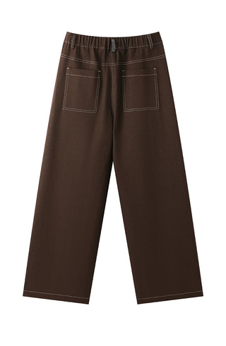 Cotton-blend wide-leg trousers, brown, elastic waist, front patch pockets.