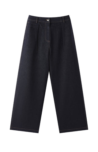 Flat lay of black/dark wash cotton-blend wide-leg trousers with belt loops.