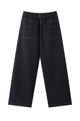 Black cotton-blend wide-leg trousers, elastic waist, side pockets, contrast stitching