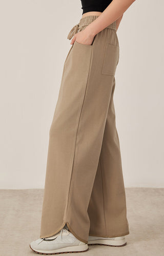 Khaki wide-leg drawstring pants with side seam pockets and relaxed ankle-length hem