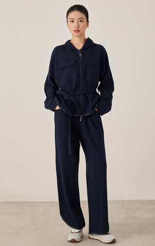 Navy drawstring relaxed fit pants with wide legs and elastic waist; side pockets