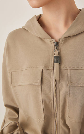 Hooded Cotton Blend Jacket with Beaded Zip