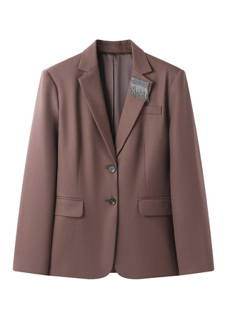 Tailored wool-blend blazer in dark brown, front with button closure, pockets, and shimmer fringe detail.