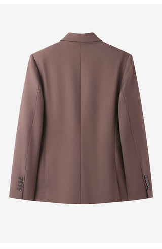 Tailored wool-blend blazer in dark brown, back view with notch collar and seam details.