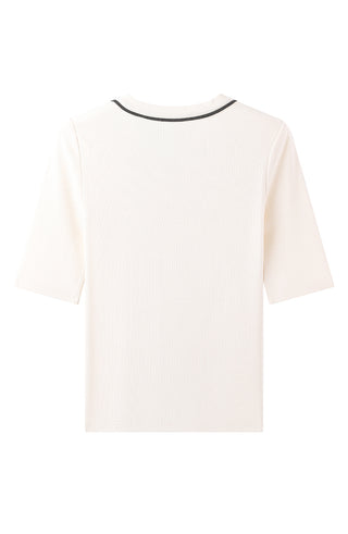White knit top back with black-trim collar and short sleeves, plain design