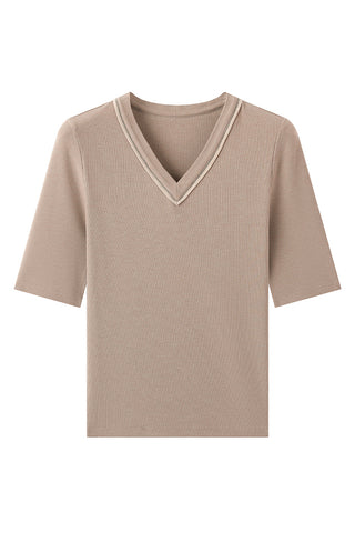 Taupe-brown Tencel wool blend V-neck short-sleeve top on white background