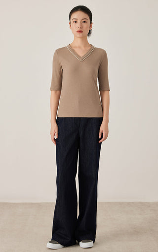 Brown V-neck Tencel wool blend top with short sleeves and ribbed knit texture