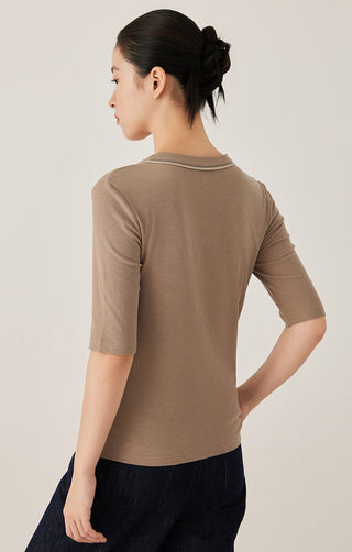 Brown V-neck top, short sleeves, curved back hem