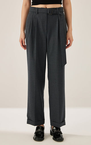 Dark gray pinstripe wool pleated pants with belt, relaxed straight legs