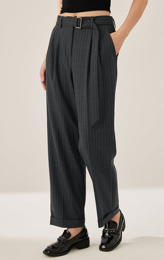 Dark gray pinstripe wool belted pleated pants, waistband belt and cuffed hems